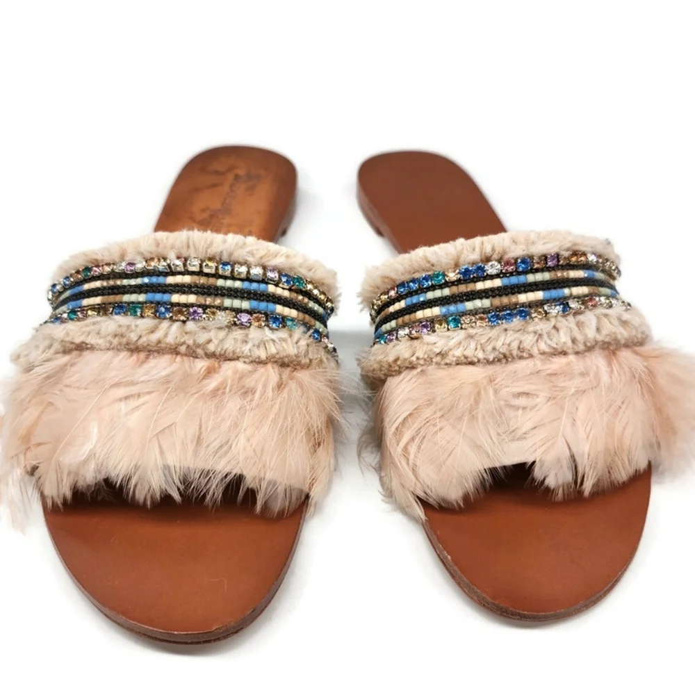 Badgley Mischka Fortune Nude Cream Feathers Beads Open-Toe Flat Slide-On Sandals